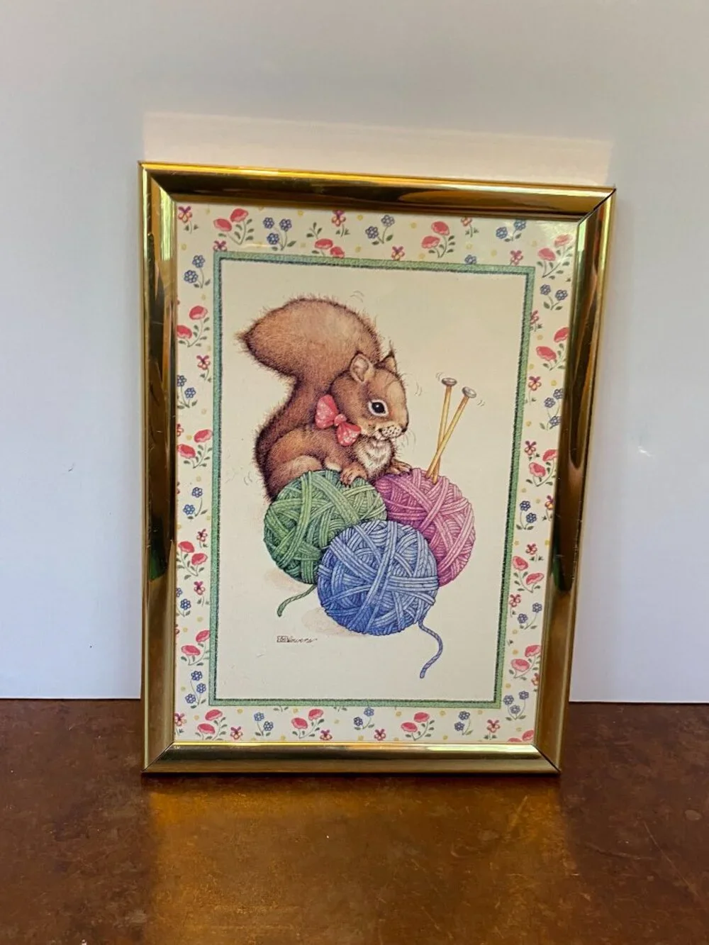 Vintage Crochet Knitting Squirrel Lisa Blowers Print Gold Frame Illustration